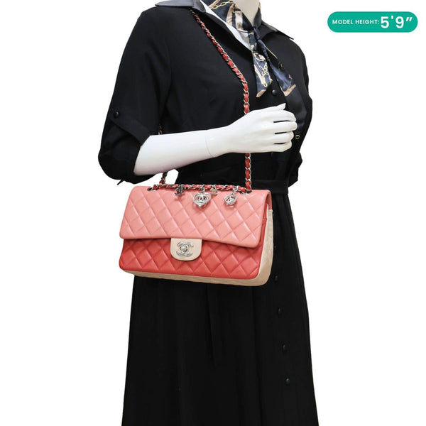 CHANEL Valentine Crystal Hearts Classic Flap Quilted Leather Shoulder Bag Tricolor