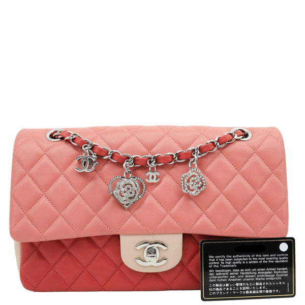 CHANEL Valentine Crystal Hearts Classic Flap Quilted Leather Shoulder Bag Tricolor