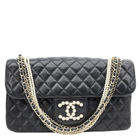 CHANEL Westminster Pearl Flap Medium Quilted Lambskin Shoulder Bag Black