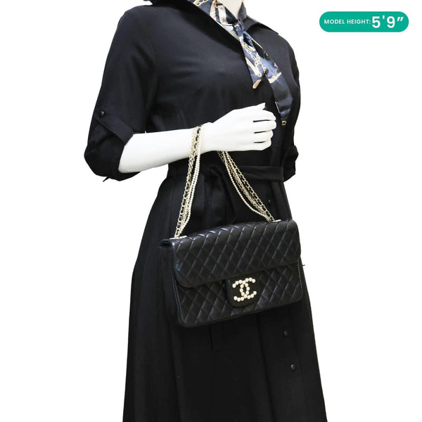 CHANEL Westminster Pearl Flap Medium Quilted Lambskin Shoulder Bag Black
