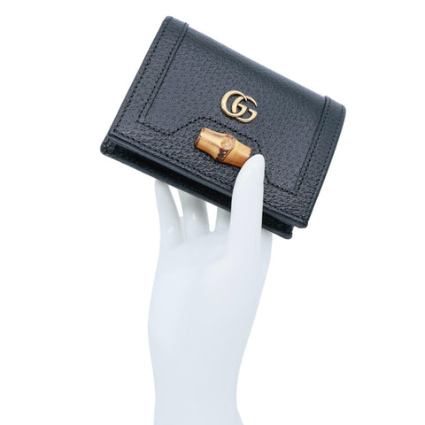 GUCCI Diana Small Bamboo Leather Card Case Wallet Black 658244