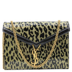 YVES SAINT LAURENT Cassandre Envelope Leopard Print Leather Chain Wallet Bag Gold