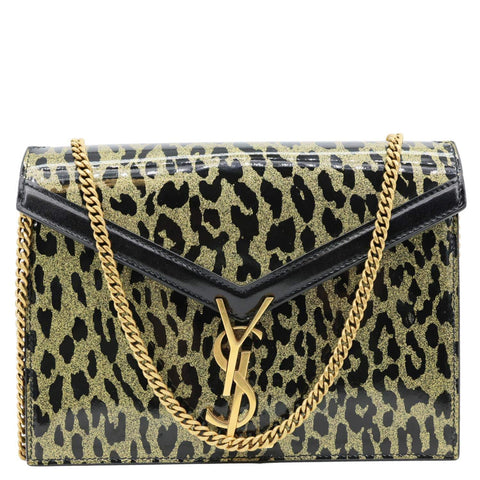 YVES SAINT LAURENT Cassandre Envelope Leopard Print Leather Chain Wallet Bag Gold