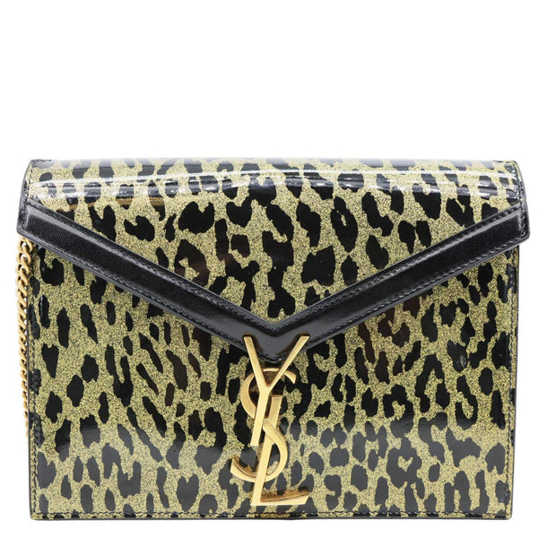 YVES SAINT LAURENT Cassandre Envelope Leopard Print Leather Chain Wallet Bag Gold