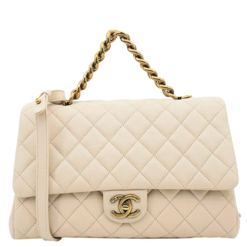 CHANEL Trapezio Flap Large Quilted Sheepskin Leather Crossbody Bag Beige