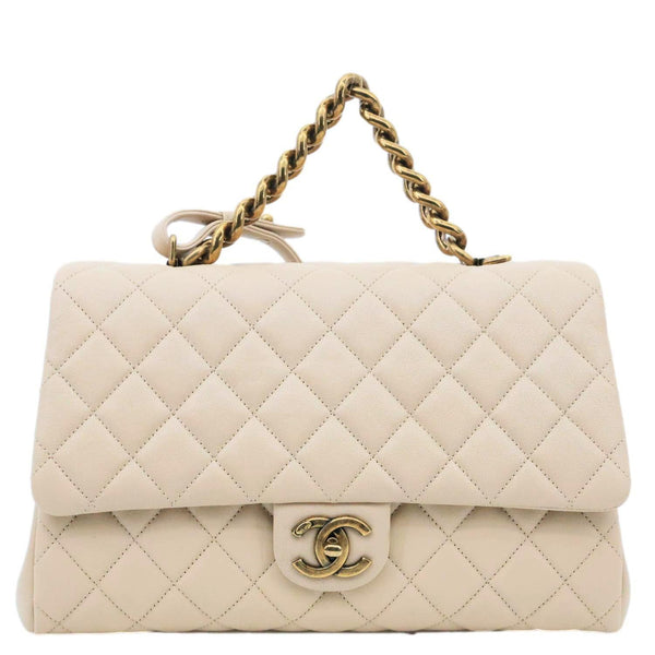 CHANEL Trapezio Flap Large Quilted Sheepskin Leather Crossbody Bag Beige