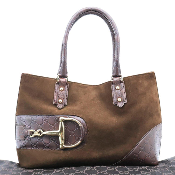 GUCCI Horsebit Suede Leather Tote Bag Brown