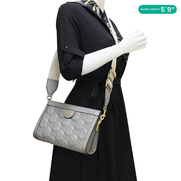 GUCCI Double G Small Matelasse Leather Chain Shoulder Bag Grey 702200