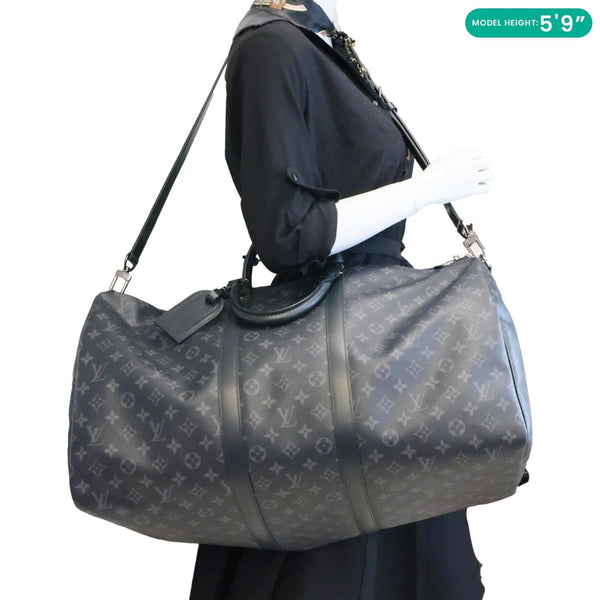 LOUIS VUITTON Keepall 55 Bandouliere Monogram Eclipse Travel Bag Black