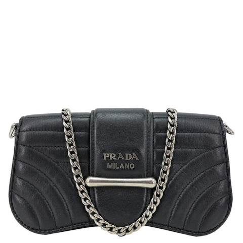 PRADA Sidonie Mini Diagramme Quilted Leather Chain Crossbody Bag Black