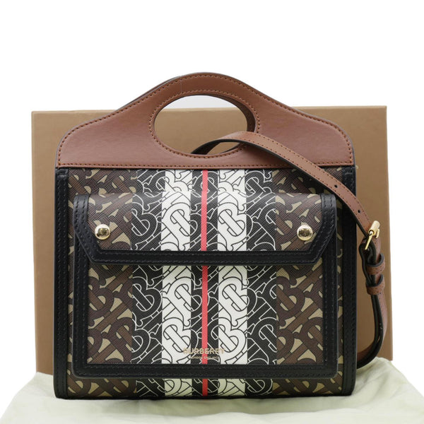 BURBERRY Pocket Mini Monogram Stripe E-Canvas Shoulder Bag Brown