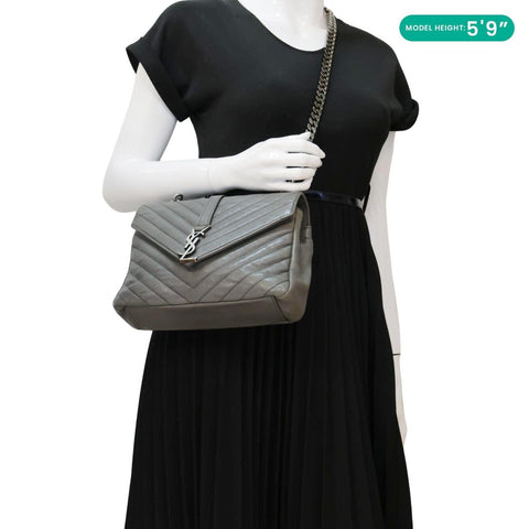 YVES SAINT LAURENT Monogram College Matelasse Chevron Leather Chain Shoulder Bag Grey