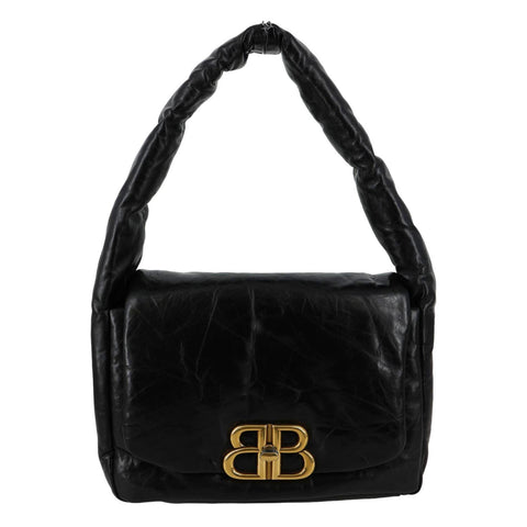 BALENCIAGA Monaco Calfskin Leather Shoulder Bag Black