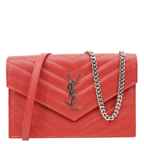 YVES SAINT LAURENT Cassandra Matelasse Grain De Poudre Chain Wallet Red