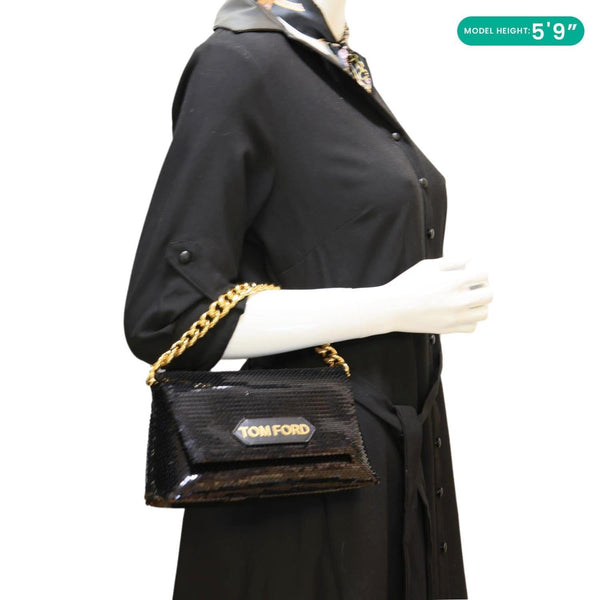TOM FORD Label Mini Sequin Chain Hobo Bag Balck