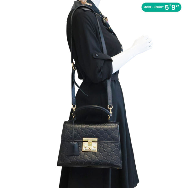 GUCCI Padlock Small Signature Leather Top Handle Crossbody Bag Black 453188