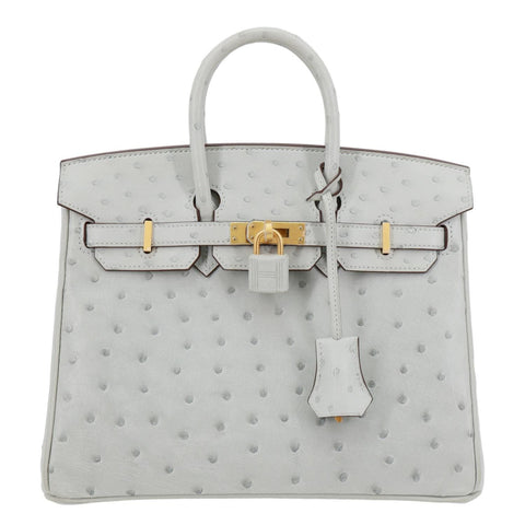HERMES Birkin 25 Ostrich Leather Satchel Bag Gris Perle