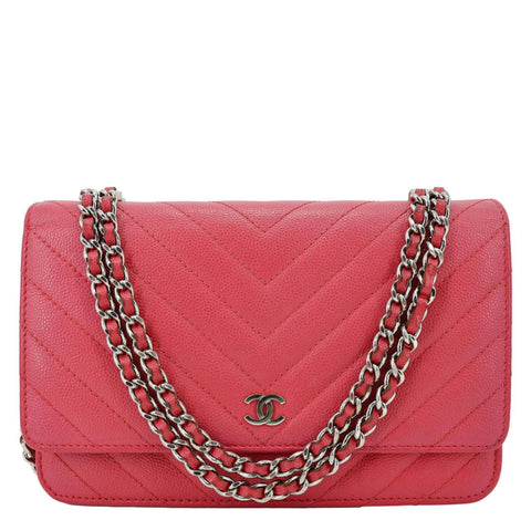 CHANEL CC WOC Chevron Leather Wallet On Chain Crossbody Bag Pink