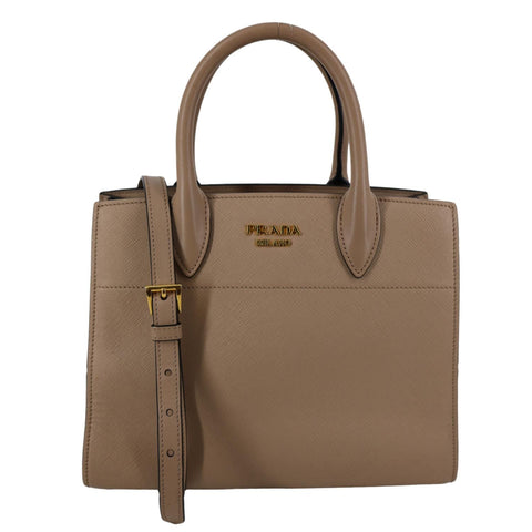 PRADA Bibliotheque Saffiano City Leather Double Handle Tote Shoulder Bag Beige