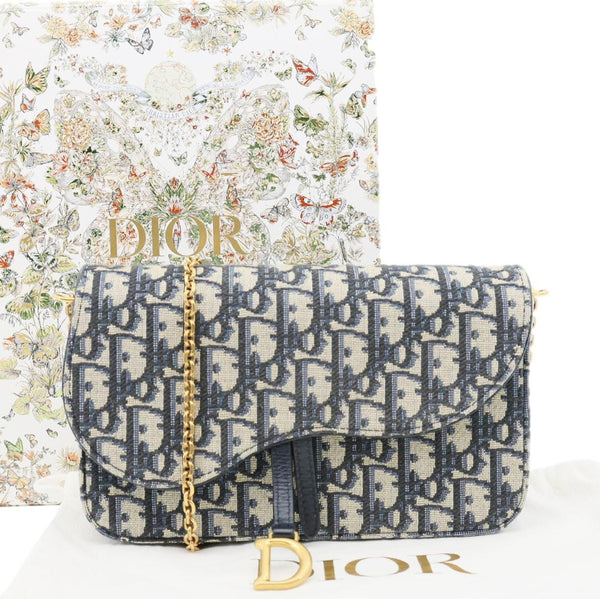 CHRISTIAN DIOR Saddle Medium Oblique Canvas Chain Pouch Navy Blue