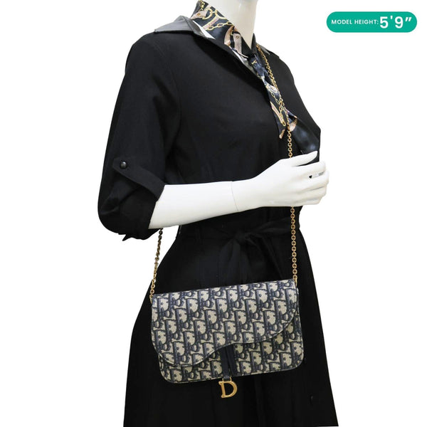 CHRISTIAN DIOR Saddle Medium Oblique Canvas Chain Pouch Navy Blue