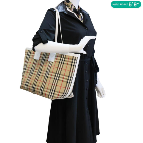BURBERRY London Medium Vintage Check Canvas Tote Bag White