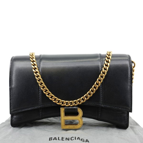 BALENCIAGA Hourglass Shiny Box Calfskin Leather Wallet On Chain Shoulder Bag Black