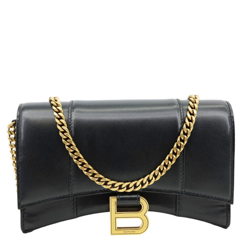 BALENCIAGA Hourglass Shiny Box Calfskin Leather Wallet On Chain Shoulder Bag Black