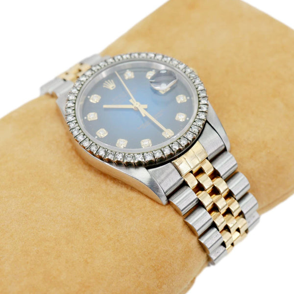 Rolex Datejust 18k Gold Steel 36mm Diamond Bezel Blue Vignette Dial Watch 16233