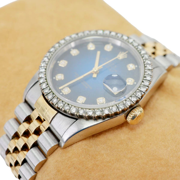 Rolex Datejust 18k Gold Steel 36mm Diamond Bezel Blue Vignette Dial Watch 16233