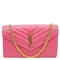 YVES SAINT LAURENT Cassandra Matelasse Grain De Poudre Chain Wallet Pink