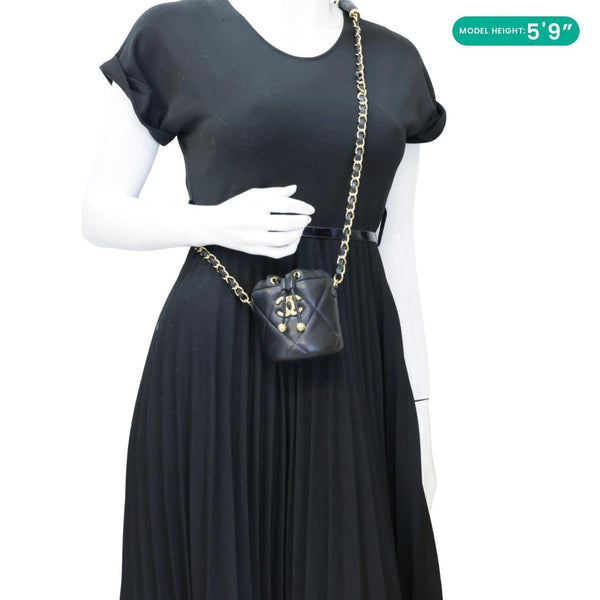 CHANEL Twist Your Buttons Quilted Calfskin Leather Drawstring Bucket Bag Black