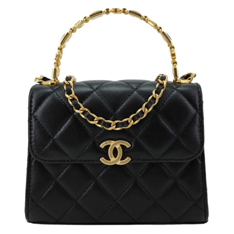 Chanel Enamel Top Handle Flap Quilted Lambskin Leather Crossbody Bag Black