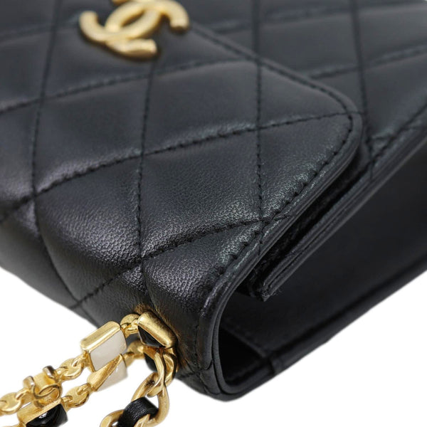 Chanel Enamel Top Handle Flap Quilted Lambskin Leather Crossbody Bag Black