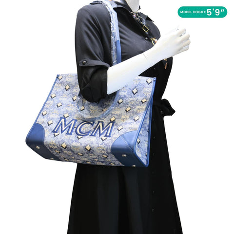 MCM Munchen Large Monogram Jacquard Canvas Tote Bag Blue