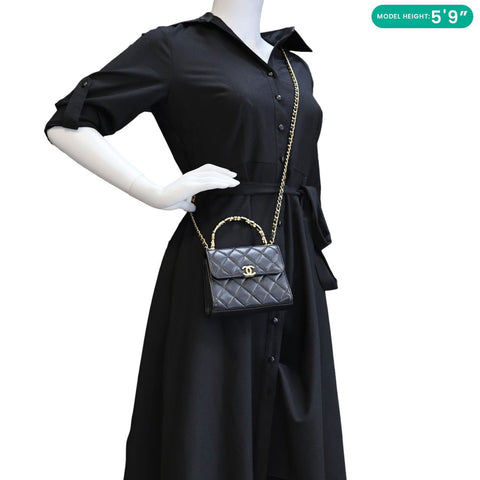 Chanel Enamel Top Handle Flap Quilted Lambskin Leather Crossbody Bag Black