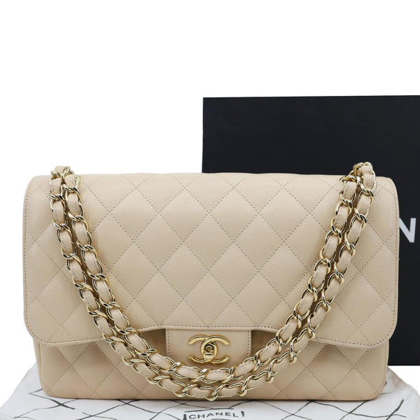 CHANEL Jumbo Classic Double Flap Caviar Leather Shoulder Bag Beige