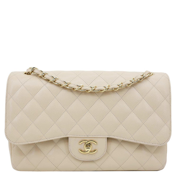 CHANEL Jumbo Classic Double Flap Caviar Leather Shoulder Bag Beige