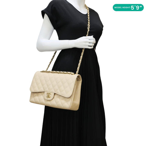 CHANEL Jumbo Classic Double Flap Caviar Leather Shoulder Bag Beige