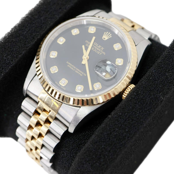 Rolex Datejust 36mm 18k Gold Steel Fluted Bezel Black Diamond Dial Watch 16233