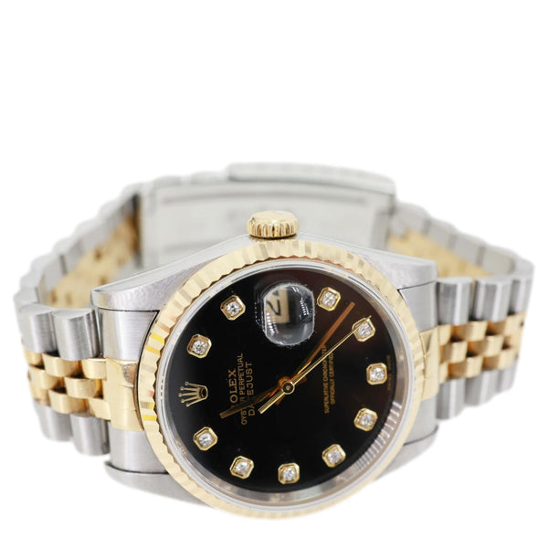 Rolex Datejust 36mm 18k Gold Steel Fluted Bezel Black Diamond Dial Watch 16233