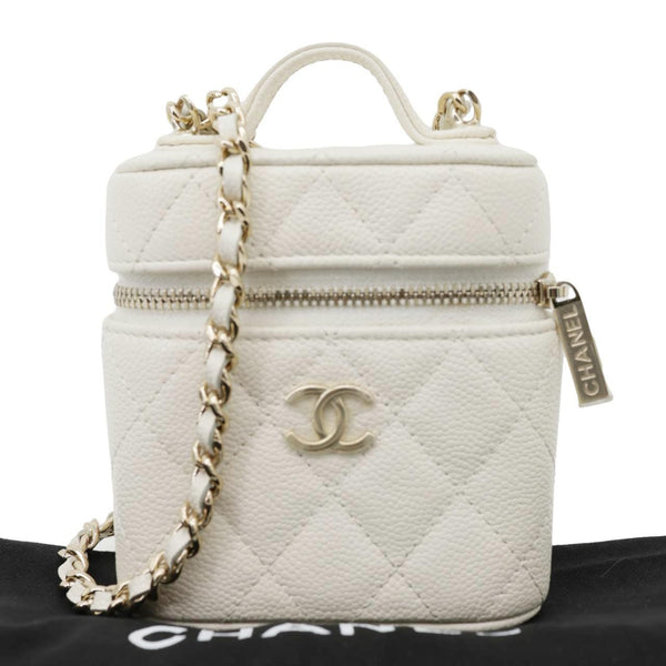 CHANEL Handle With Care Quilted Caviar Leather  Vanity Case White