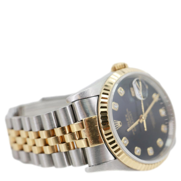 Rolex Datejust 36mm 18k Gold Steel Fluted Bezel Black Diamond Dial Watch 16233