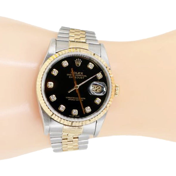 Rolex Datejust 36mm 18k Gold Steel Fluted Bezel Black Diamond Dial Watch 16233
