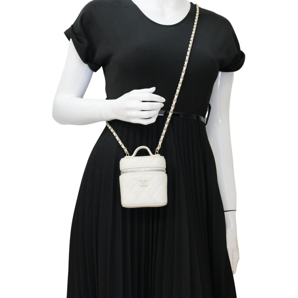 CHANEL Handle With Care Quilted Caviar Leather  Vanity Case White