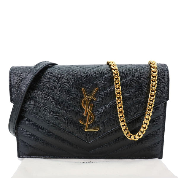 YVES SAINT LAURENT Envelope Grain De Poudre Chevron Leather Chain Crossbody Bag Black
