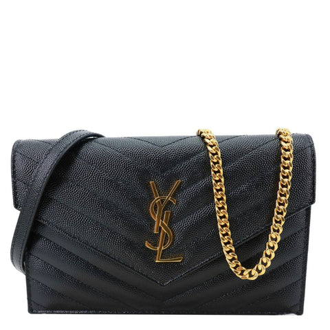 YVES SAINT LAURENT Envelope Grain De Poudre Chevron Leather Chain Crossbody Bag Black