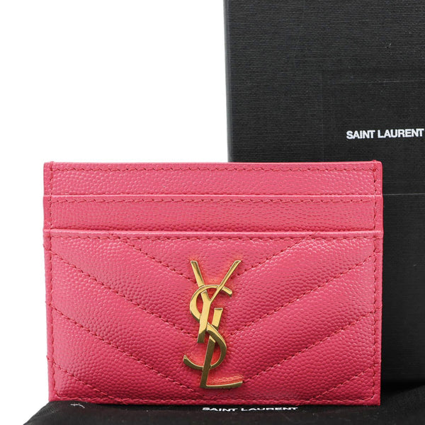 YVES SAINT LAURENT Cassandre Monogram Grain De Poudre Leather Card Holder Pink