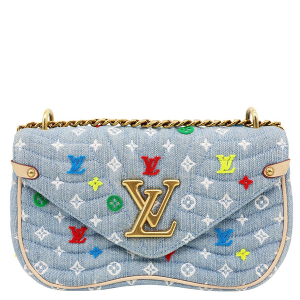 LOUIS VUITTON New Wave Embroidered Monogram Denim Chain Shoulder Bag Blue