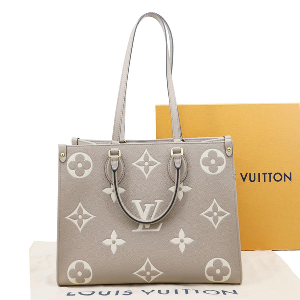 LOUIS VUITTON Onthego MM Giant Monogram Empreinte Leather Tote Bag Beige
